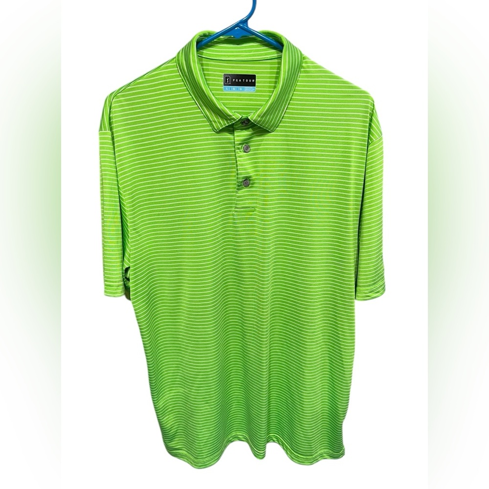 PGA Tour Men’s Gold Polo T-Shirt - Green striped - Size Large